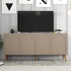 Credenza Grigio Tortora Marrone Noce 2 Ripiani 4 Ante 180x35x81h cm, 4 Vani - Niscemi