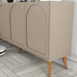 Credenza Grigio Tortora Marrone Noce 2 Ripiani 4 Ante 180x35x81h cm, 4 Vani - Niscemi