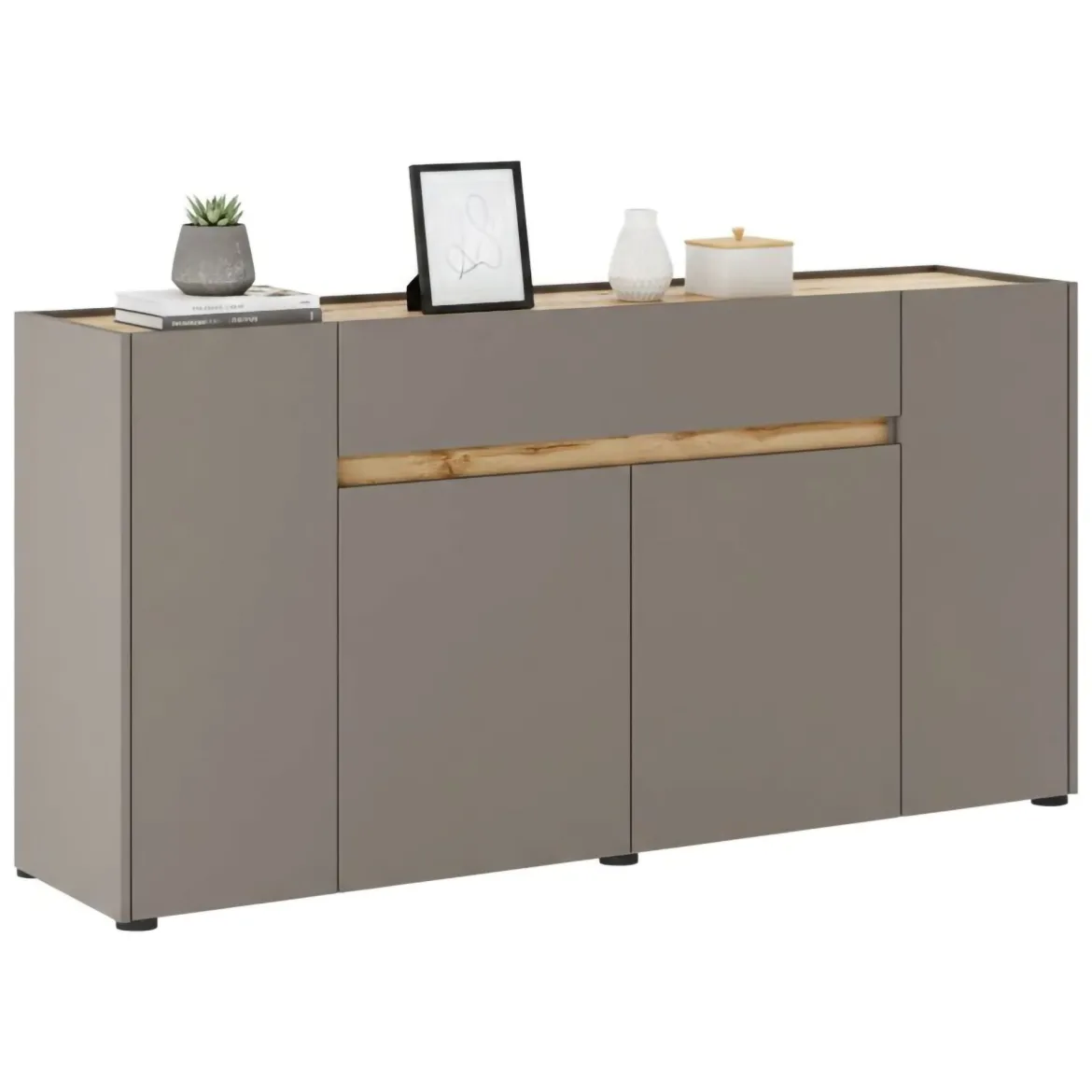 Credenza Grigio Tortora Marrone Quercia 3 Ripiani un Cassetto 170x40x85h cm, 4 Ante - Cirimido