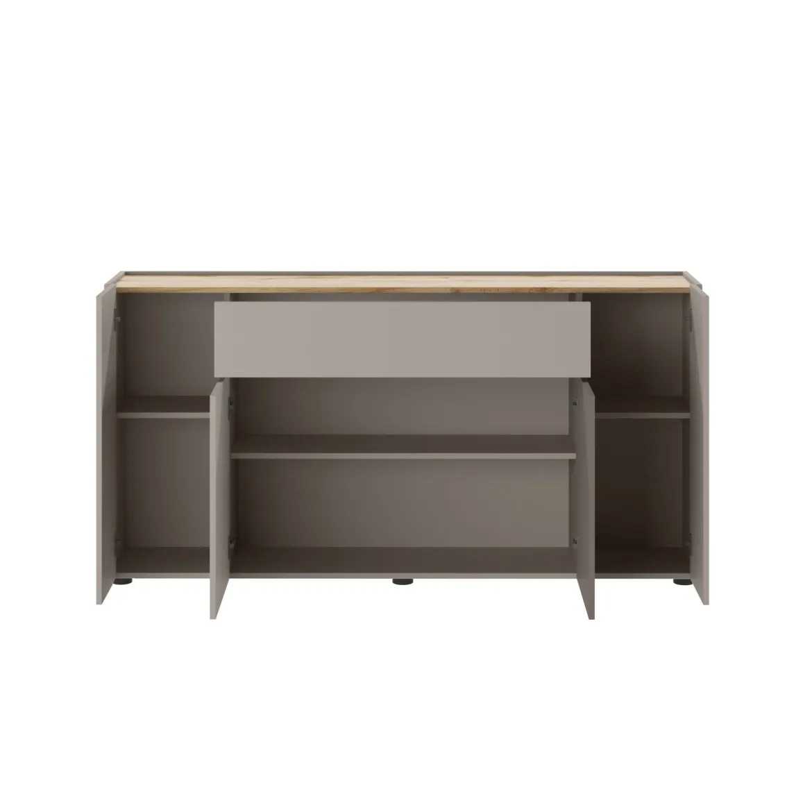 Credenza Grigio Tortora Marrone Quercia 3 Ripiani un Cassetto 170x40x85h cm, 4 Ante - Cirimido