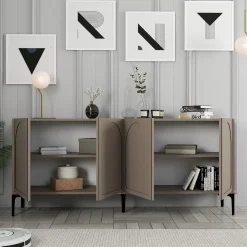 Credenza Grigio Tortora Nero 2 Ripiani 4 Vani 180x35x79h cm, 4 Ante - Torno