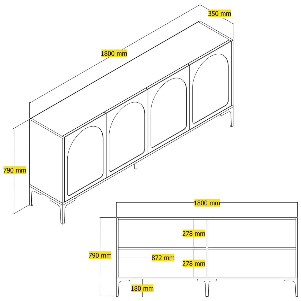 Credenza Grigio Tortora Nero 2 Ripiani 4 Vani 180x35x79h cm, 4 Ante - Torno