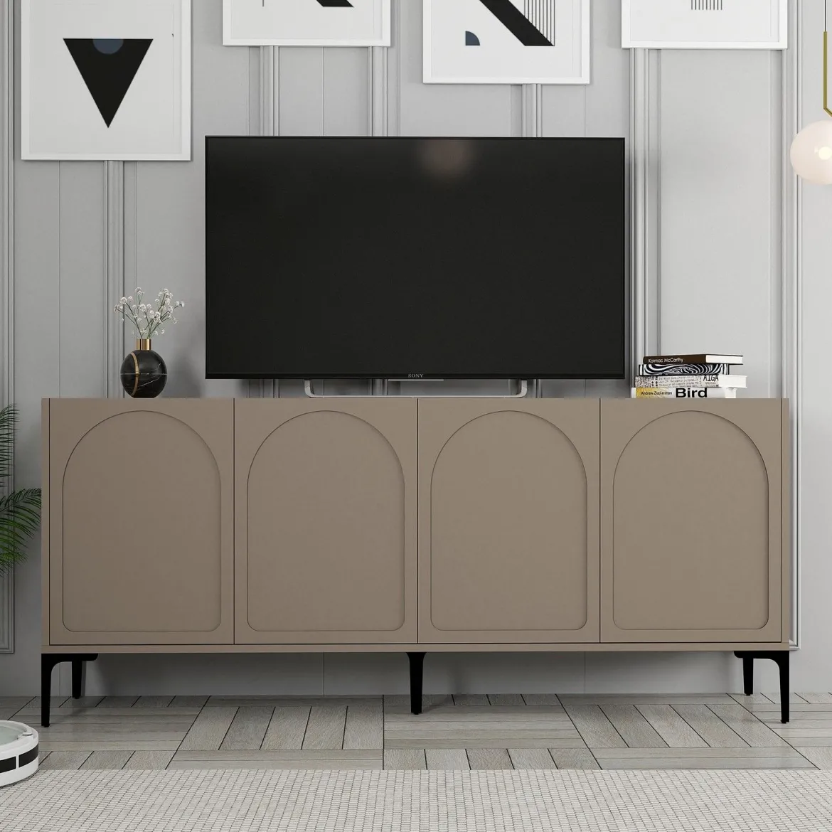 Credenza Grigio Tortora Nero 2 Ripiani 4 Vani 180x35x79h cm, 4 Ante - Torno