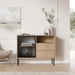 Credenza Marrone Nero 2 Cassetti 2 Ripiani 100x40x80h cm, Apertura Battente, Scorrevole - Caravino