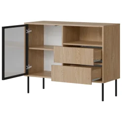 Credenza Marrone Nero 2 Cassetti 2 Ripiani 100x40x80h cm, Apertura Battente, Scorrevole - Caravino