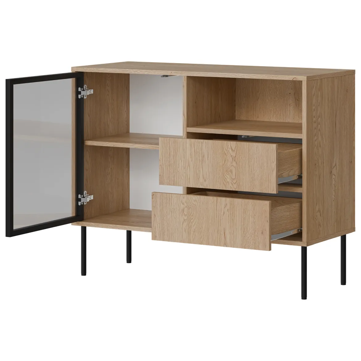 Credenza Marrone Nero 2 Cassetti 2 Ripiani 100x40x80h cm, Apertura Battente, Scorrevole - Caravino