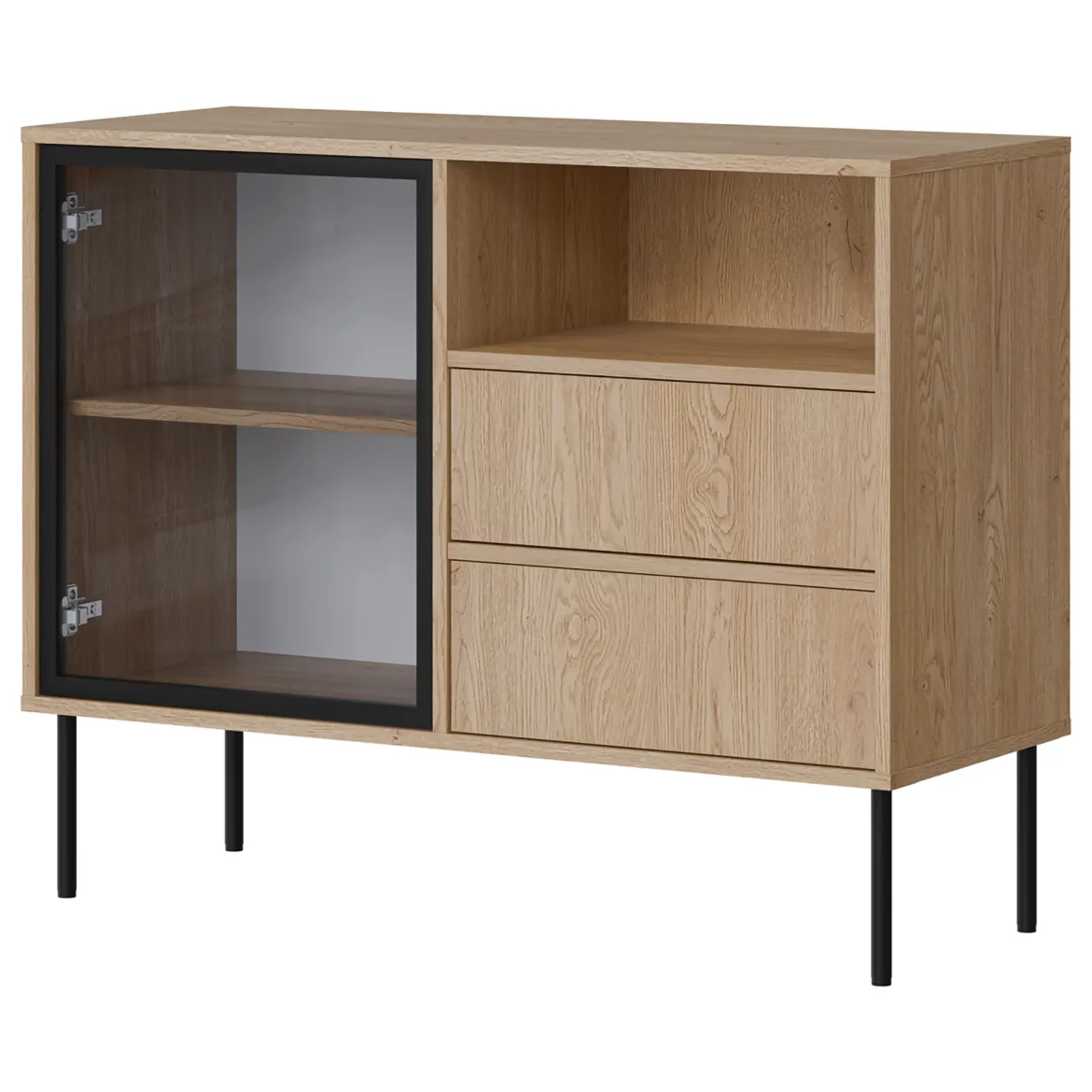 Credenza Marrone Nero 2 Cassetti 2 Ripiani 100x40x80h cm, Apertura Battente, Scorrevole - Caravino