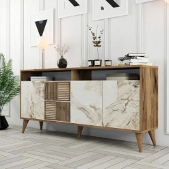 Credenza Marrone Noce Bianco Marmo Cassetti 2 Ripiani 160x35x78h cm, Apertura Battente - Benjamin