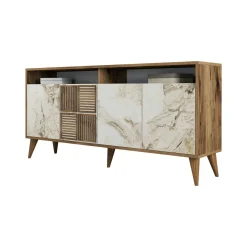Credenza Marrone Noce Bianco Marmo Cassetti 2 Ripiani 160x35x78h cm, Apertura Battente - Benjamin