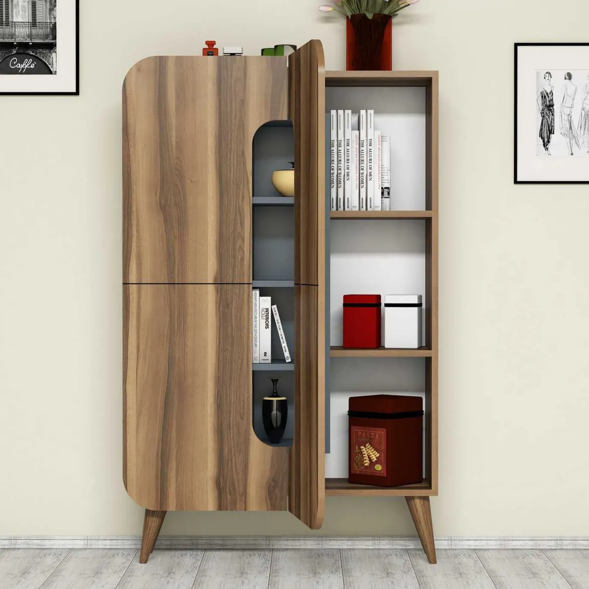 Credenza Marrone Noce blu 7 Ripiani 10 Vani 93x32x144h cm, 2 Ante - Paularo
