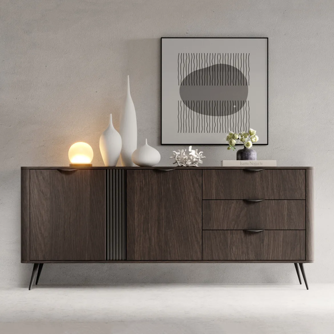 Credenza Marrone Noce 3 Cassetti 2 Ripiani 195x38x81h cm, Apertura Battente, Scorrevole - Kabatiti