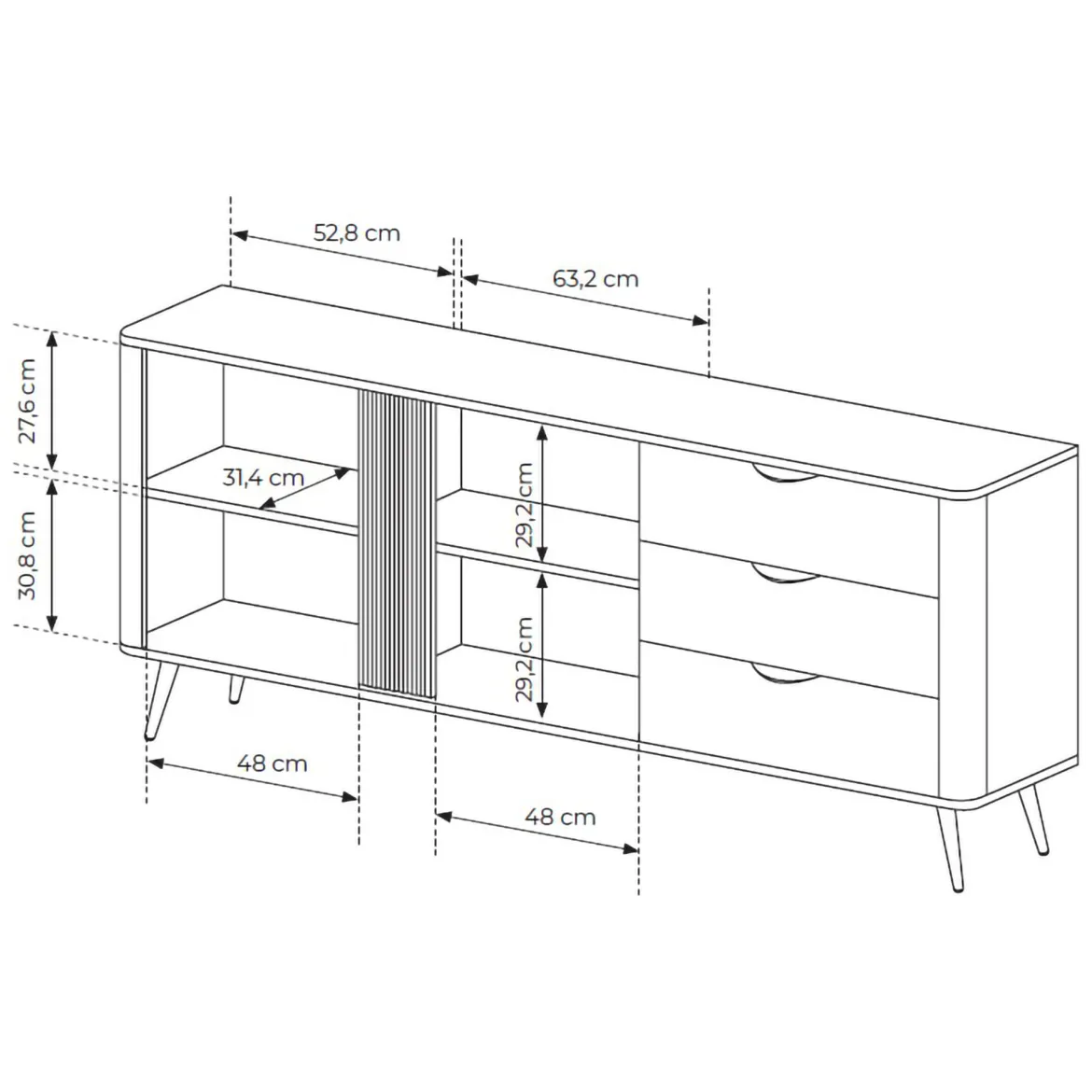 Credenza Marrone Noce 3 Cassetti 2 Ripiani 195x38x81h cm, Apertura Battente, Scorrevole - Kabatiti