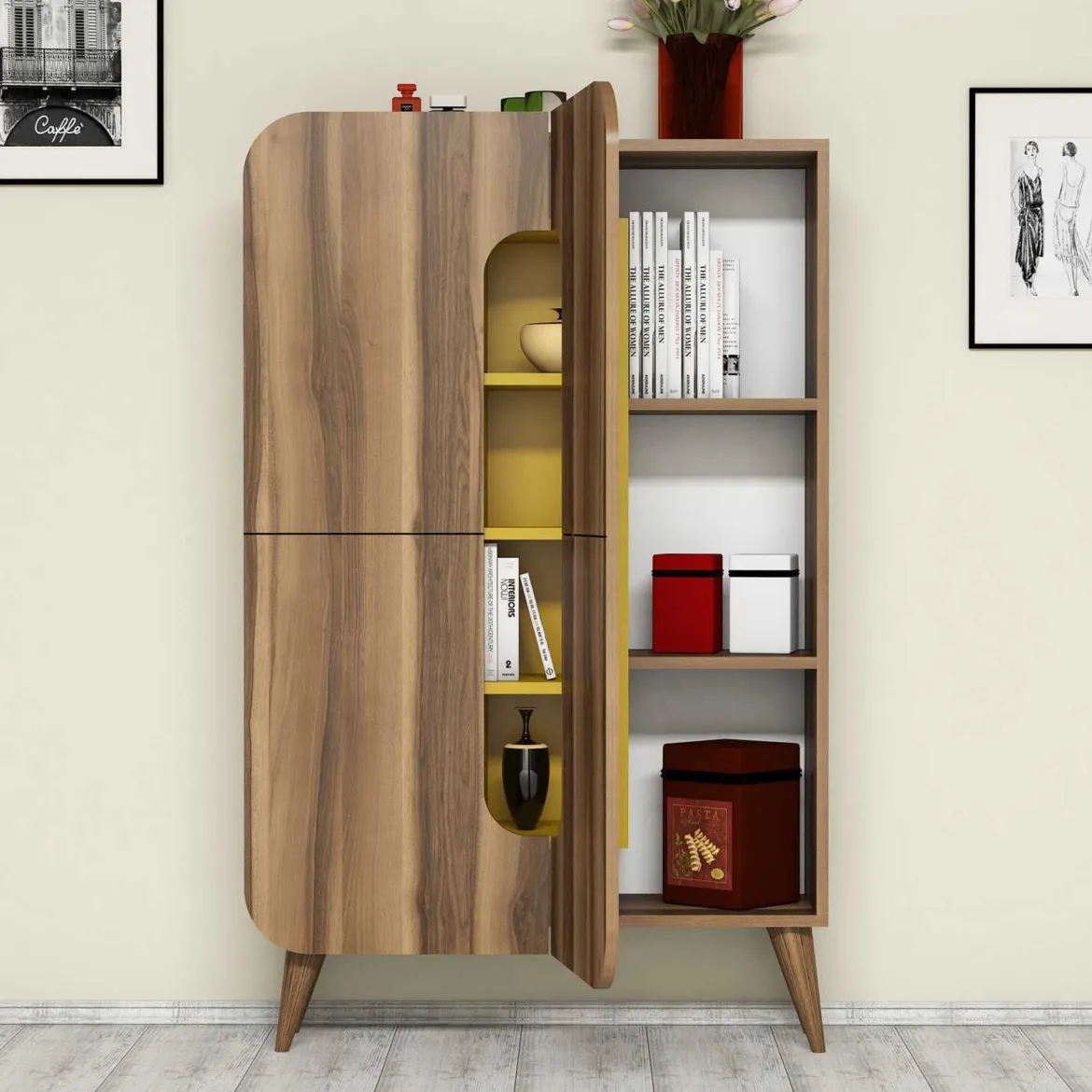 Credenza Marrone Noce Giallo 7 Ripiani 10 Vani 93x32x144h cm, 2 Ante - Paularo