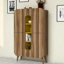 Credenza Marrone Noce Giallo 7 Ripiani 10 Vani 93x32x144h cm, 2 Ante - Paularo