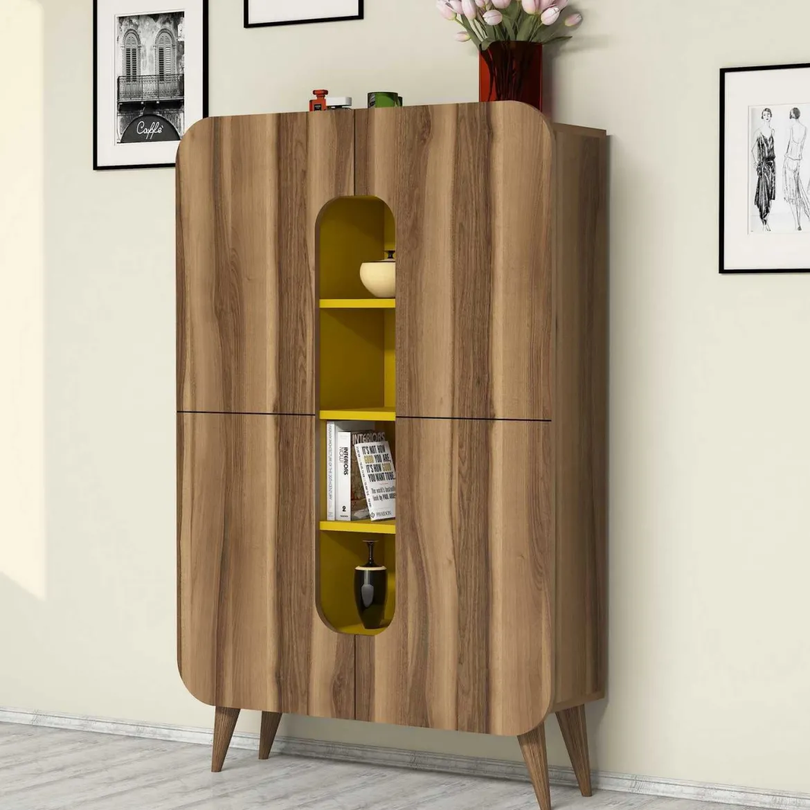 Credenza Marrone Noce Giallo 7 Ripiani 10 Vani 93x32x144h cm, 2 Ante - Paularo