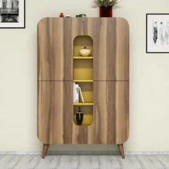 Credenza Marrone Noce Giallo 7 Ripiani 10 Vani 93x32x144h cm, 2 Ante - Paularo