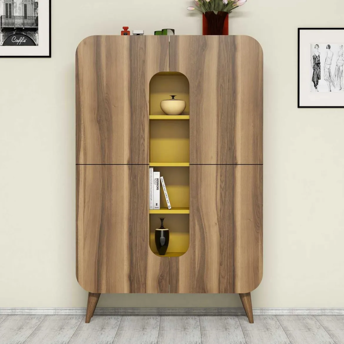 Credenza Marrone Noce Giallo 7 Ripiani 10 Vani 93x32x144h cm, 2 Ante - Paularo