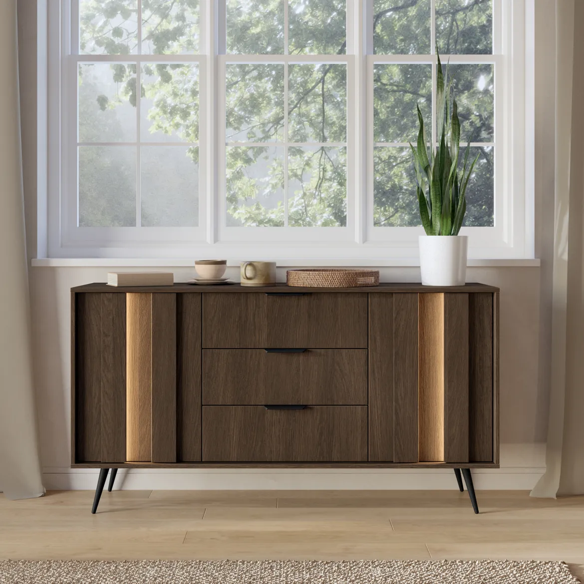 Credenza Marrone Noce Nero 6 Cassetti un Ripiano 163x38x81h cm, Apertura Scorrevole - Kaba