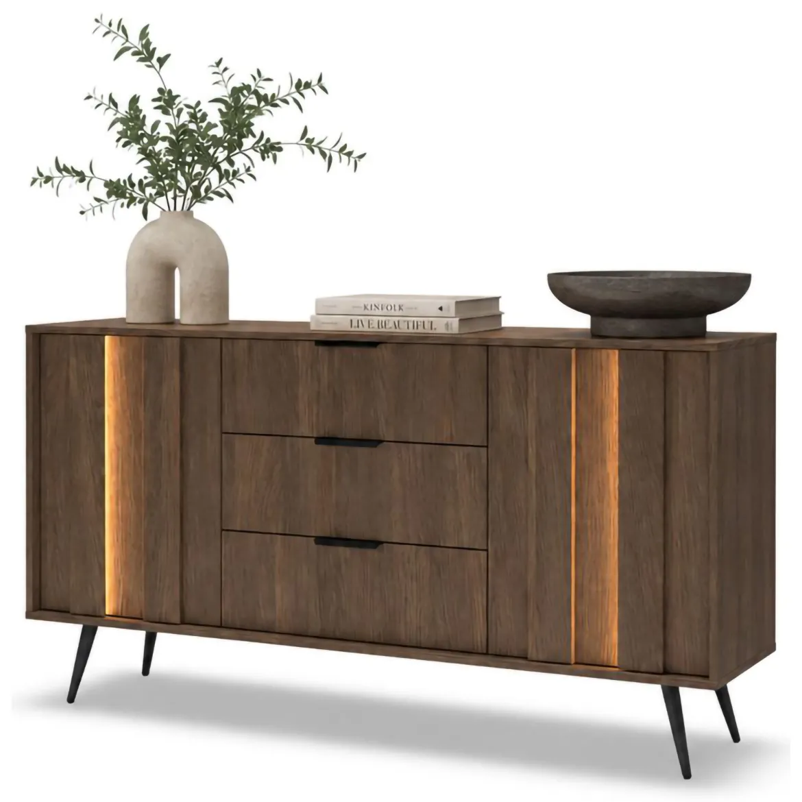 Credenza Marrone Noce Nero 6 Cassetti un Ripiano 163x38x81h cm, Apertura Scorrevole - Kaba