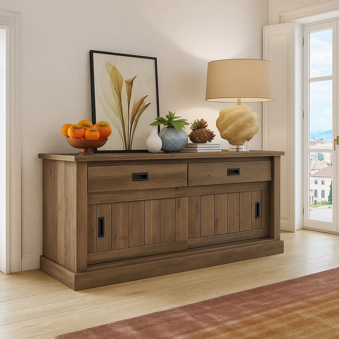 Credenza Marrone Noce 2 Ripiani 3 Cassetti 220x50x95h cm, 2 Ante - Malonno