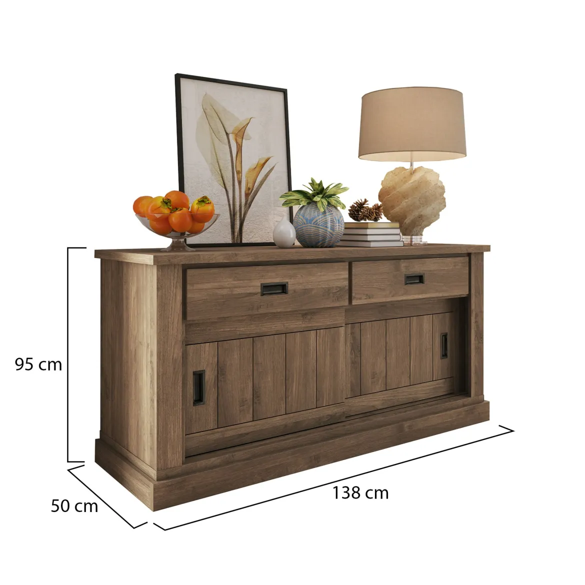 Credenza Marrone Noce 2 Ripiani 3 Cassetti 220x50x95h cm, 2 Ante - Malonno