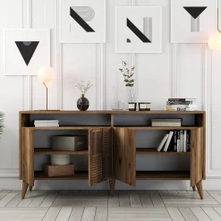 Credenza Marrone Noce 2 Ripiani 4 Ante 160x35x78h cm, 6 Vani - Thuile