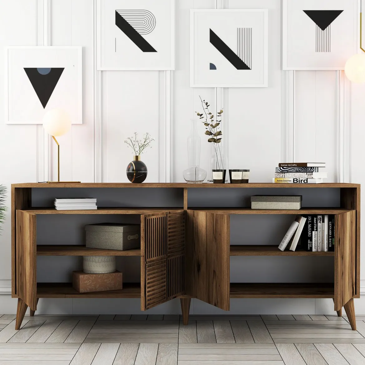 Credenza Marrone Noce 2 Ripiani 4 Ante 180x35x78h cm, 6 Vani - Falzes