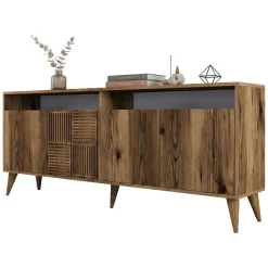 Credenza Marrone Noce 2 Ripiani 4 Ante 180x35x78h cm, 6 Vani - Falzes