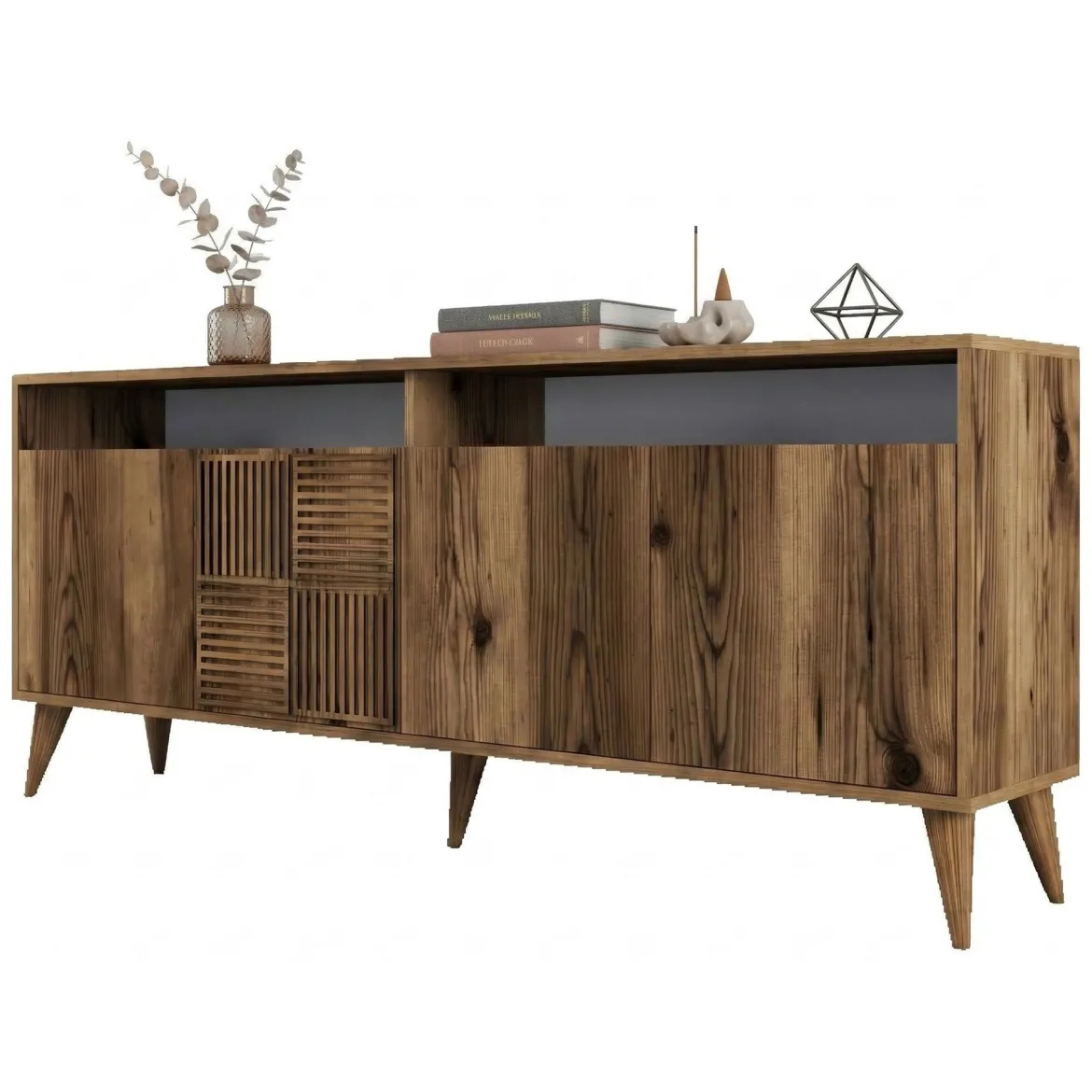 Credenza Marrone Noce 2 Ripiani 4 Ante 180x35x78h cm, 6 Vani - Falzes