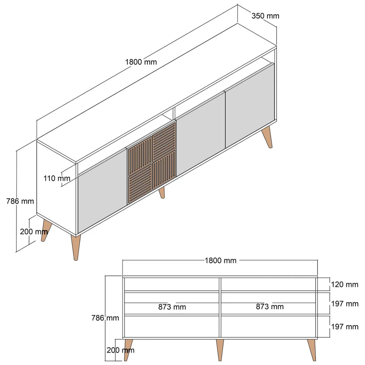 Credenza Marrone Noce 2 Ripiani 4 Ante 180x35x78h cm, 6 Vani - Falzes