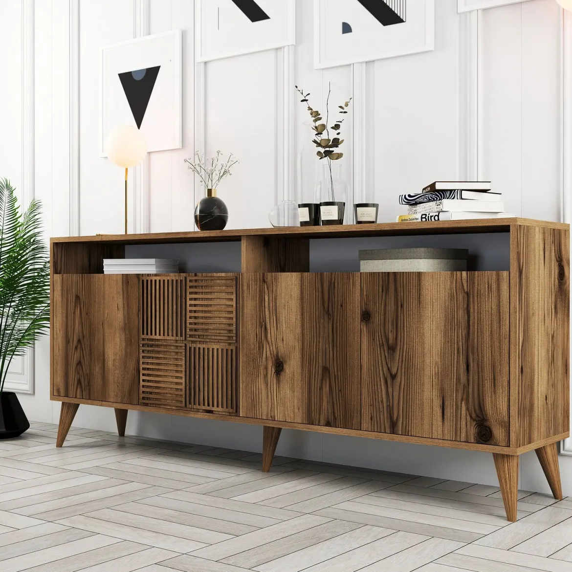 Credenza Marrone Noce 2 Ripiani 4 Ante 180x35x78h cm, 6 Vani - Falzes
