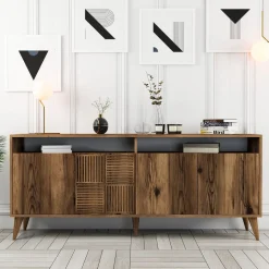 Credenza Marrone Noce 2 Ripiani 4 Ante 180x35x78h cm, 6 Vani - Falzes