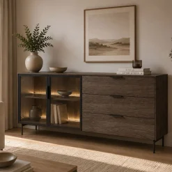 Credenza Marrone Noce Trasparente 3 Cassetti un Ripiano 181x39x83h cm, Apertura Battente, Scorrevole - Hara