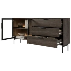Credenza Marrone Noce Trasparente 3 Cassetti un Ripiano 181x39x83h cm, Apertura Battente, Scorrevole - Hara