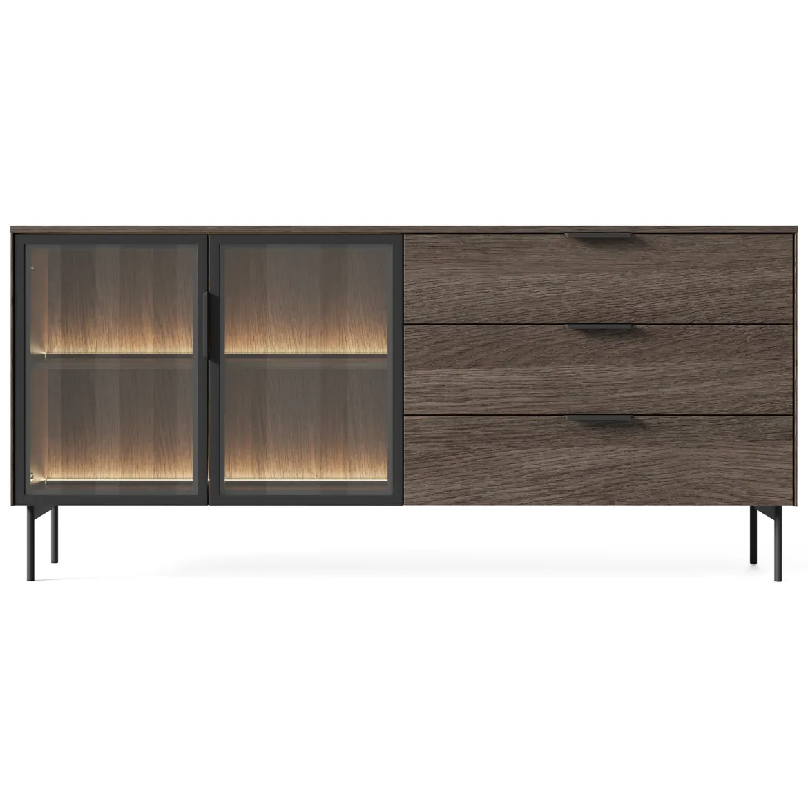 Credenza Marrone Noce Trasparente 3 Cassetti un Ripiano 181x39x83h cm, Apertura Battente, Scorrevole - Hara