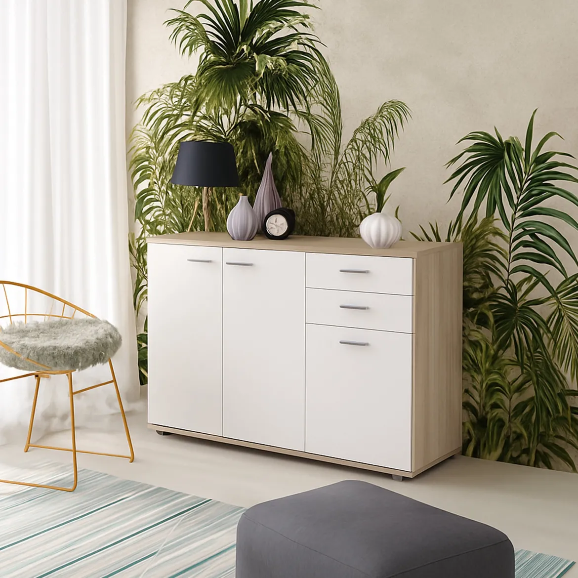 Credenza Marrone Olmo Bianco 2 Cassetti un Ripiano 103x34x74h cm, Apertura Battente - Meldola