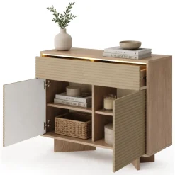 Credenza Marrone Rovere Beige 2 Cassetti 2 Ripiani 104x40x84h cm, Apertura Battente, Scorrevole - Hateva