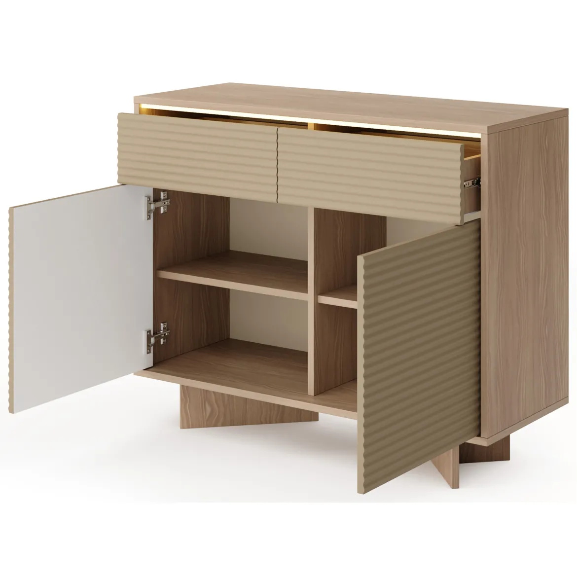 Credenza Marrone Rovere Beige 2 Cassetti 2 Ripiani 104x40x84h cm, Apertura Battente, Scorrevole - Hateva