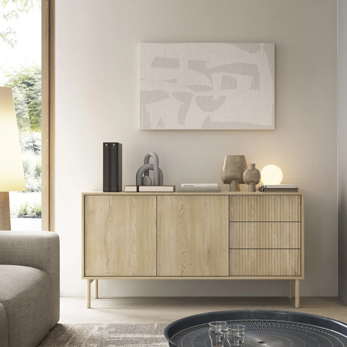 Credenza Marrone Rovere 3 Cassetti 2 Ripiani 154x40x80h cm, Apertura Battente, Scorrevole - Havazami