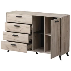 Credenza Marrone Rovere Grigio Nero 4 Cassetti 2 Ripiani 137.5x40x90.5h cm, Apertura Battente e Scorrevole - Issogne