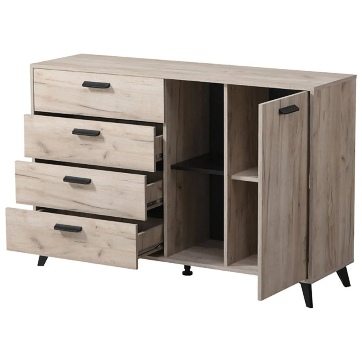 Credenza Marrone Rovere Grigio Nero 4 Cassetti 2 Ripiani 137.5x40x90.5h cm, Apertura Battente e Scorrevole - Issogne