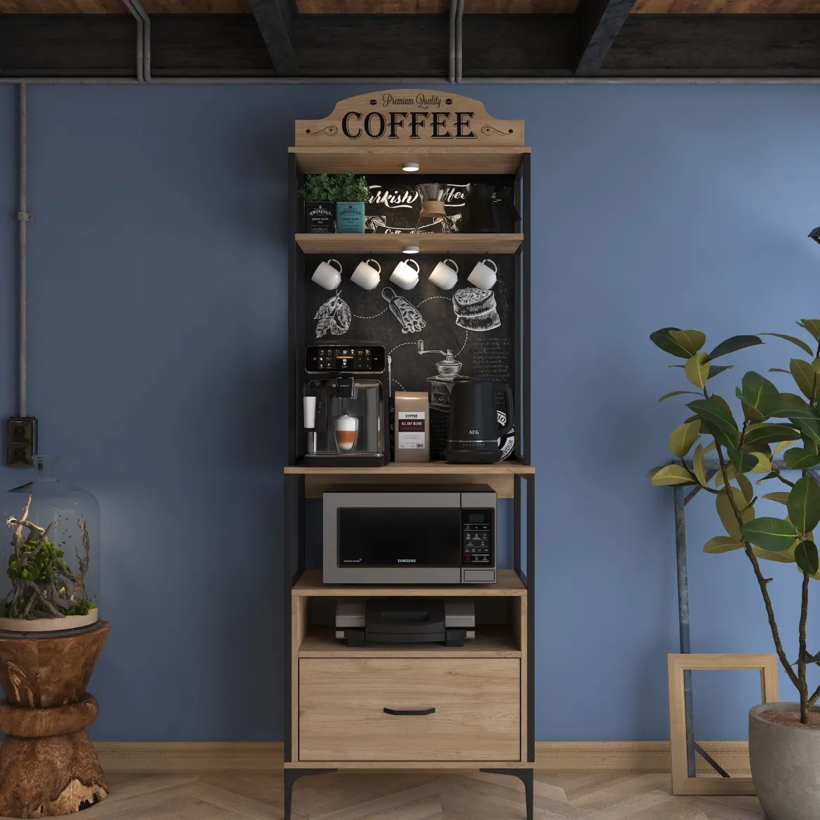 Credenza Marrone Rovere Nero 2 Ripiani un Cassetto 70x40x207h cm, Apertura Scorrevole - Nemol