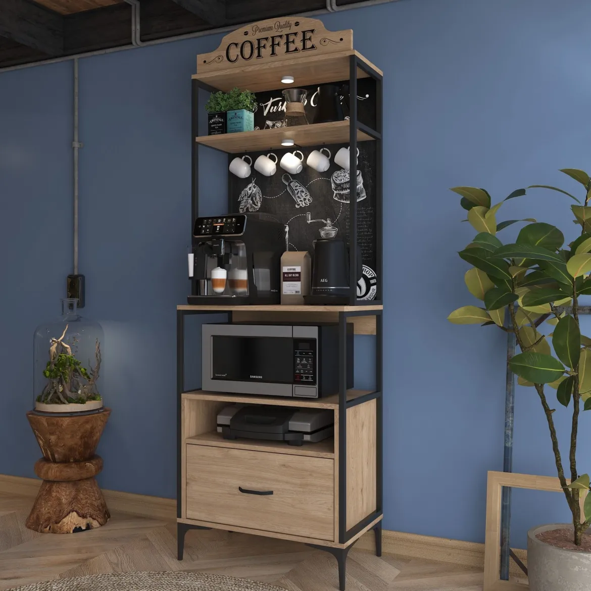 Credenza Marrone Rovere Nero 2 Ripiani un Cassetto 70x40x207h cm, Apertura Scorrevole - Nemol
