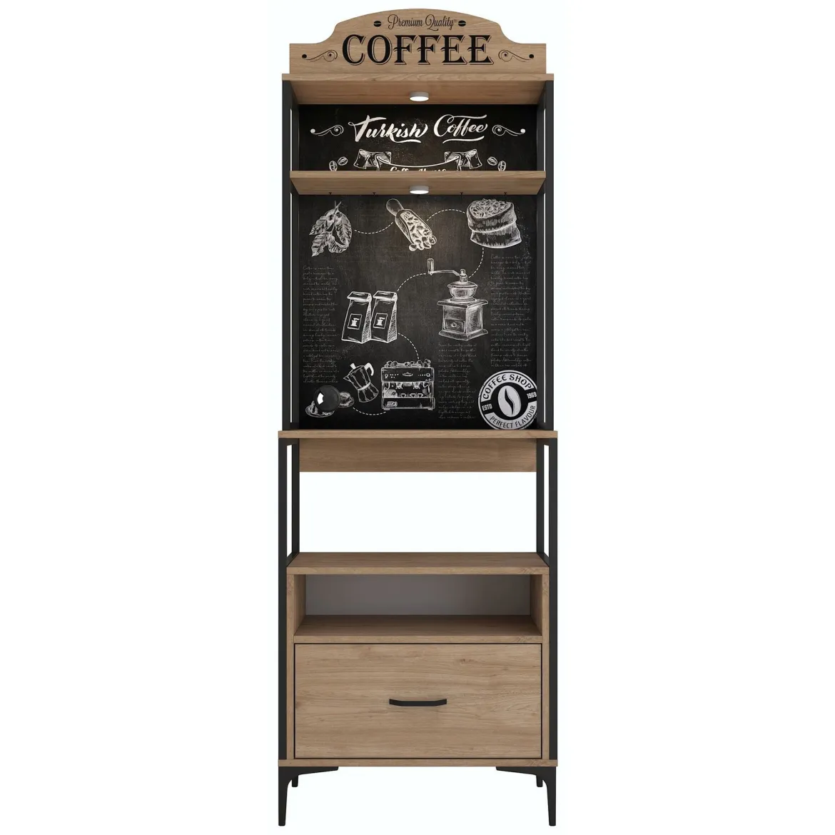 Credenza Marrone Rovere Nero 2 Ripiani un Cassetto 70x40x207h cm, Apertura Scorrevole - Nemol