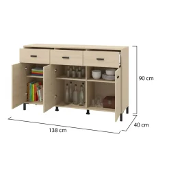 Credenza Marrone Rovere Nero 4 Cassetti 2 Ripiani 140x42x87h cm, Apertura Battente, Scorrevole - Hamireso
