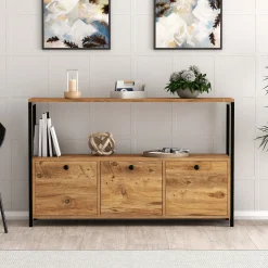 Credenza Marrone Rovere Nero 4 Vani 3 Ante 120x30x75h cm, Apertura a Ribalta - Amiterno