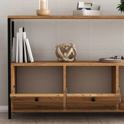 Credenza Marrone Rovere Nero 4 Vani 3 Ante 120x30x75h cm, Apertura a Ribalta - Amiterno