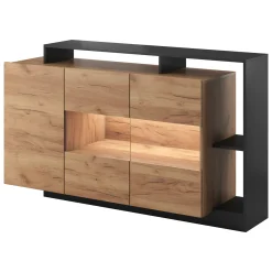 Credenza Marrone Rovere Nero Antracite 7 Ripiani Apertura Battente 155x44x94h cm, 4 Ante - Hafa