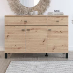 Credenza Marrone Rovere Nodi 3 Ripiani 2 Cassetti 116x35x78h cm, 4 Vani - Jerico