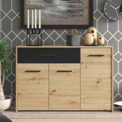 Credenza Marrone Rovere Nodi Nero 2 Ripiani un Cassetto 119x33x80.5h cm, 3 Ante - Sanza